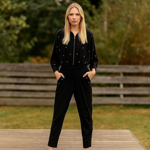 Vintage Large Bloomingdale’s Made in USA Cotton Black Zip Up Jumpsuit Gold Studs - Picture 1 of 8